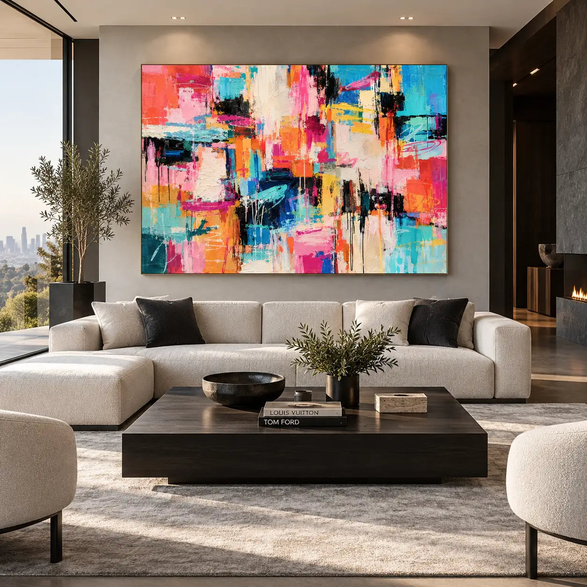Turquoise Between Bright Blocks: above a cream sectional with a rectangular wooden coffee table