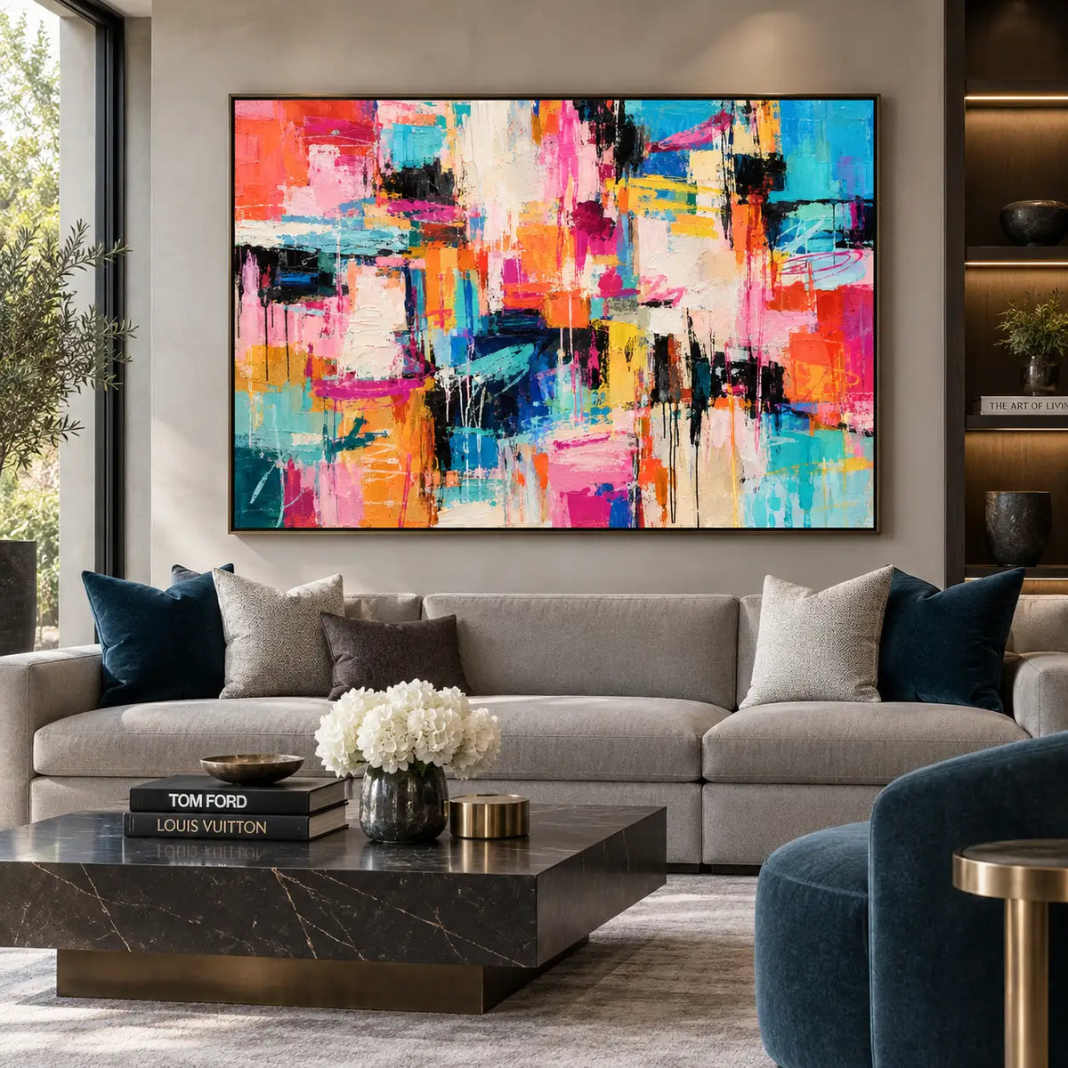 Turquoise Between Bright Blocks: above a cream sofa with blue cushions beside a blue lounge chair