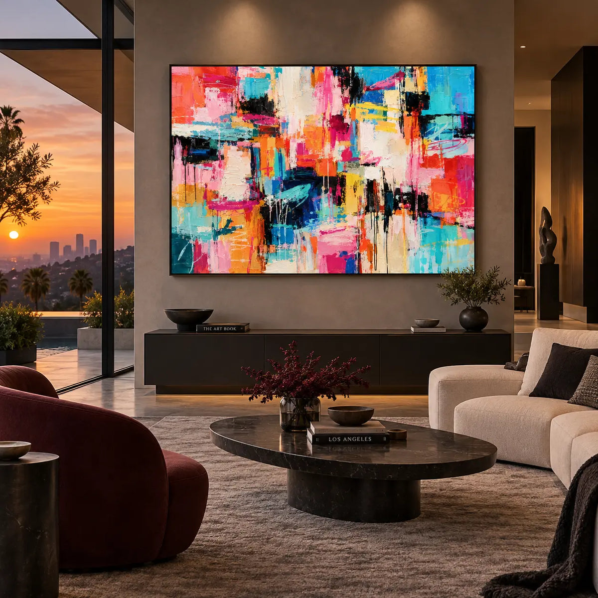 Turquoise Between Bright Blocks: above a long dark cabinet beside sunset glazing and a round coffee table