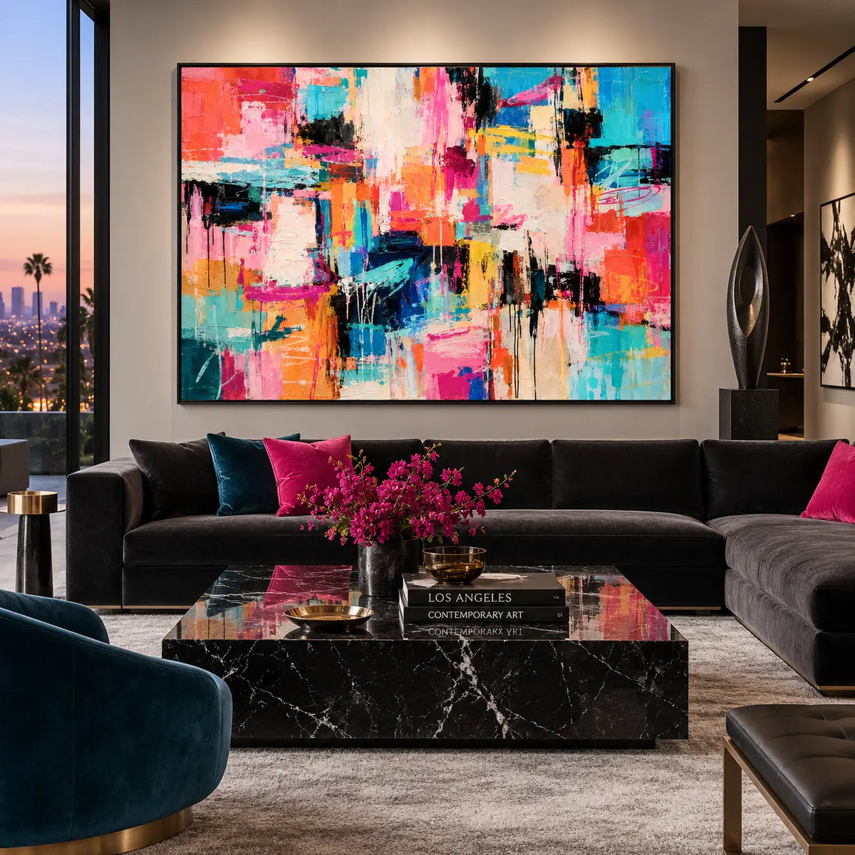 Turquoise Between Bright Blocks: above a black sofa with bright pink cushions and a flower arrangement
