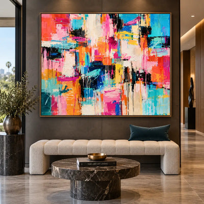 Turquoise Between Bright Blocks: above a channel-tufted bench and round dark marble table