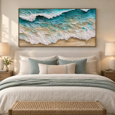 Turquoise Lace Along the Shore: above a white bed with aqua pillows and a woven wood bench