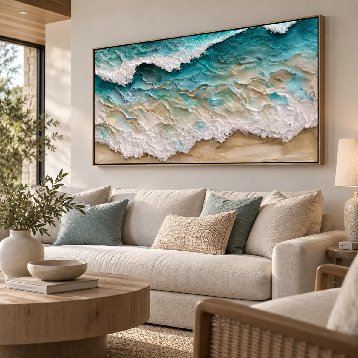 Turquoise Lace Along the Shore: above a cream sofa with blue-green cushions and a round wood table
