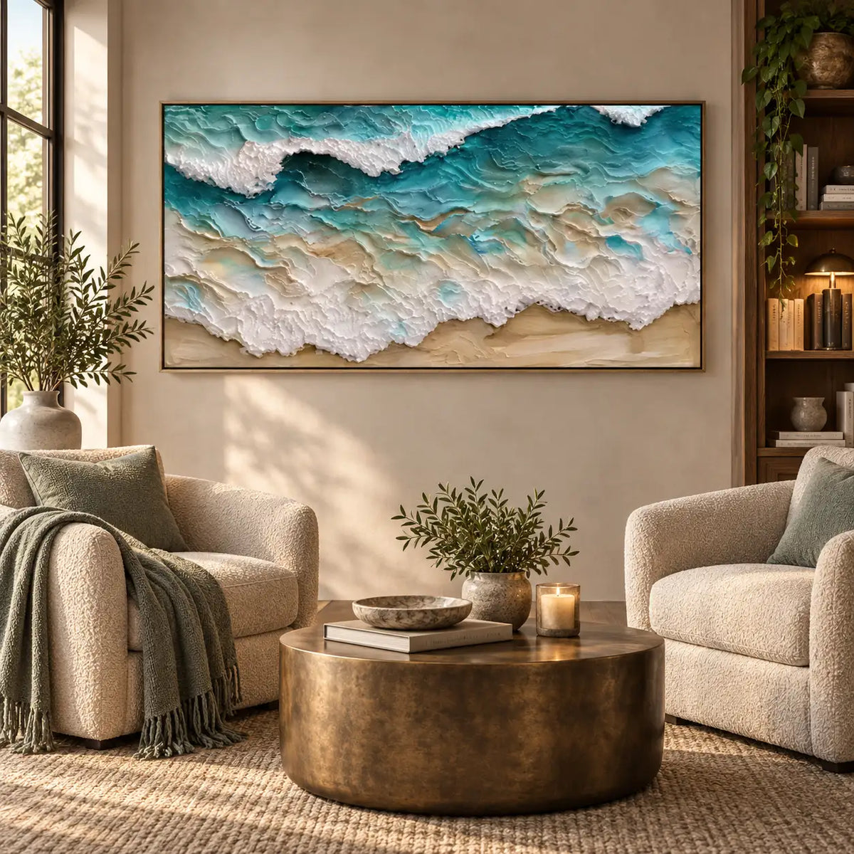 Turquoise Lace Along the Shore: above two cream armchairs around a brass drum table