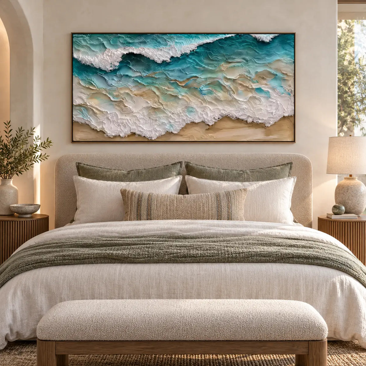 Turquoise Lace Along the Shore: above a rounded bed with sage cushions and fluted bedside tables