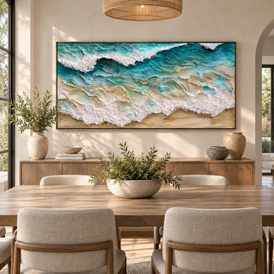 Turquoise Lace Along the Shore: above an oak dining sideboard behind a table under a woven pendant