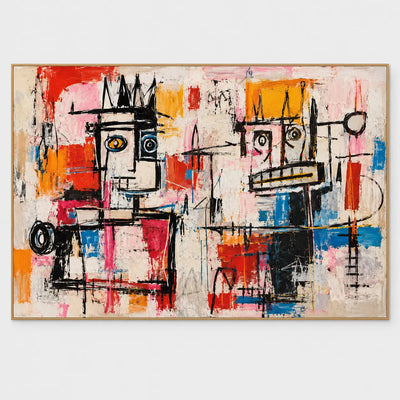 Two angular crowned faces with mismatched eyes among black lines and red, pink and blue blocks
