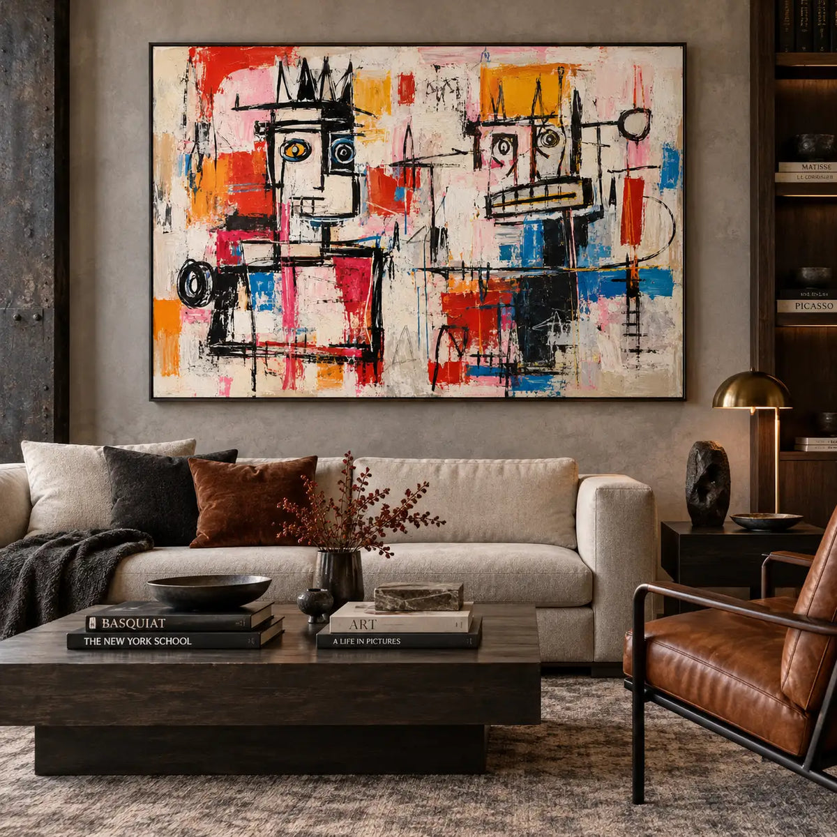 Two Faces Across the Marks: artwork above a cream sofa beside a brick window and brown leather chair