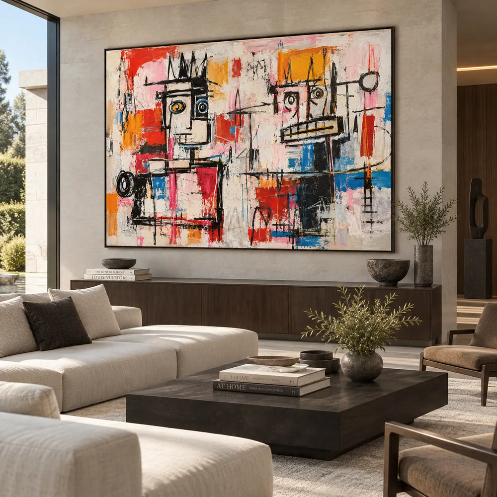 Two Faces Across the Marks: artwork above a wooden console behind cream seating with a garden view