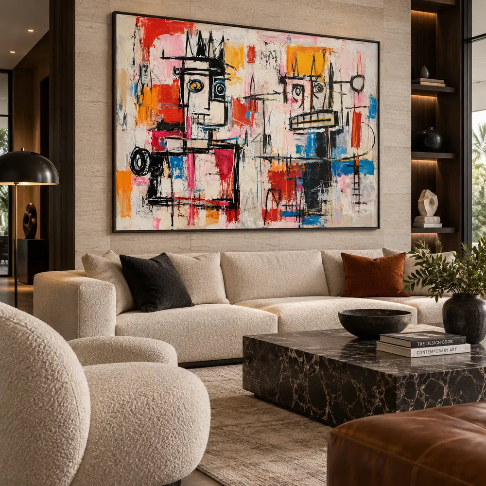 Two Faces Across the Marks: artwork above pale curved seating and nested black marble tables