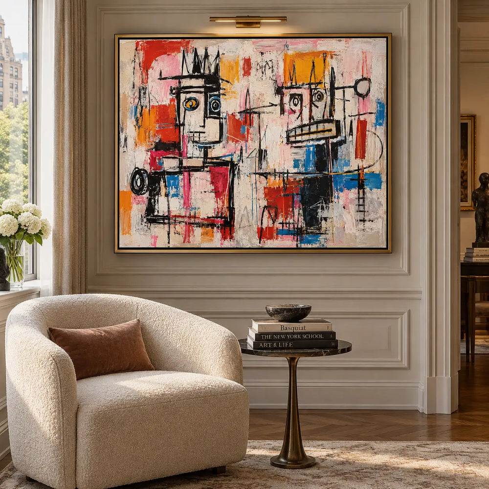 Two Faces Across the Marks: artwork above two cream armchairs with a small brass pedestal table