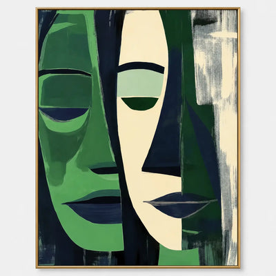 Two Faces in Forest Green: Green and cream angular faces with lowered eyes and dark blue lips