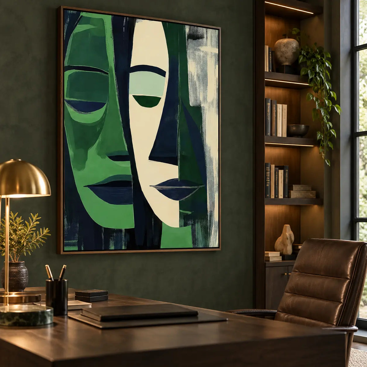 Two Faces in Forest Green: above a dark wood desk against a green wall beside lit shelves