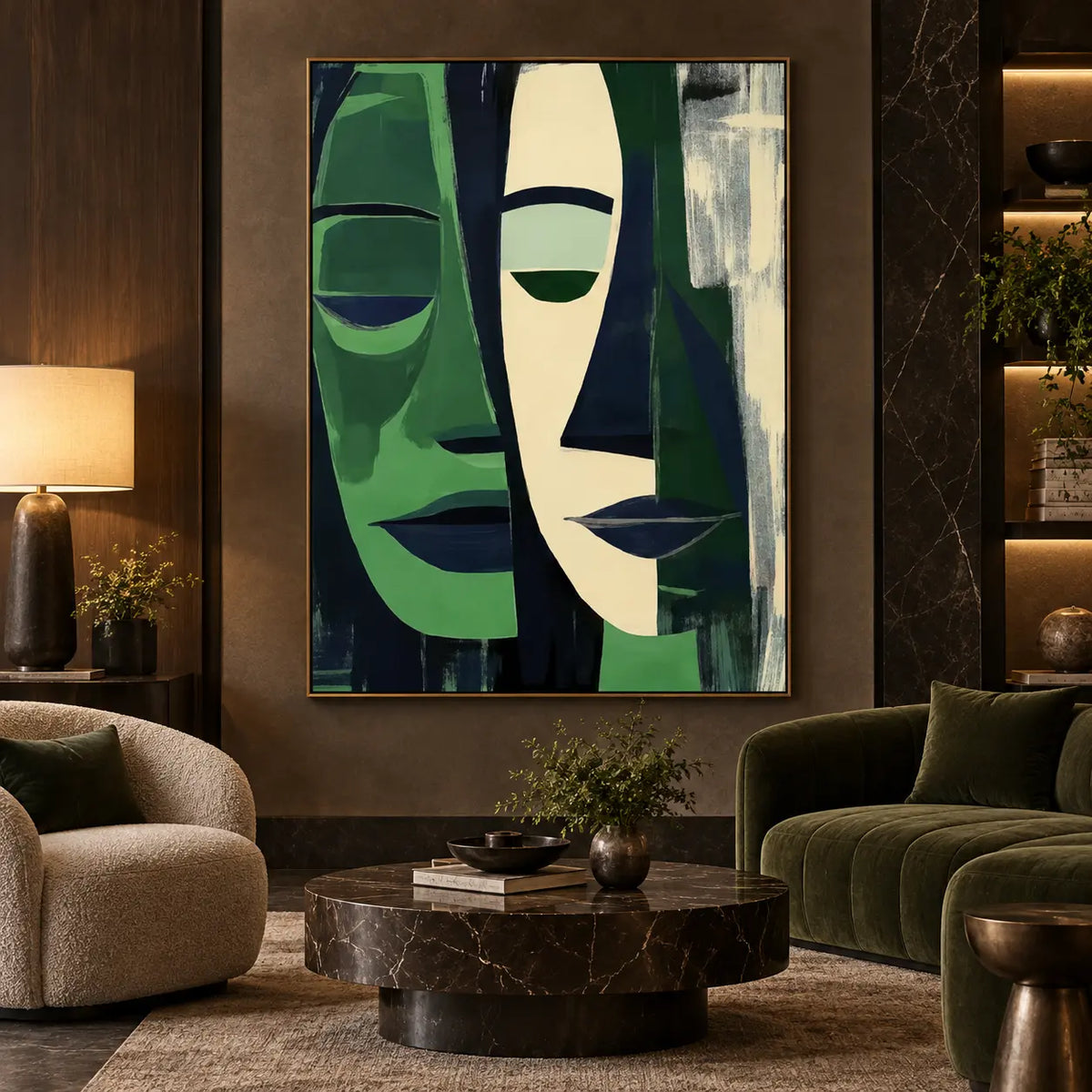 Two Faces in Forest Green: in a lounge with green velvet seating and a cream armchair around a round dark table