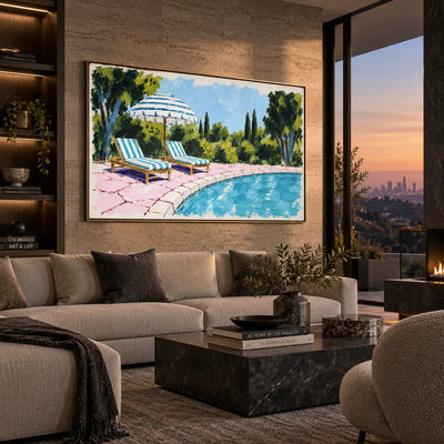 Two Loungers on Rose Stone: above a taupe sofa beside sunset glazing and illuminated shelving