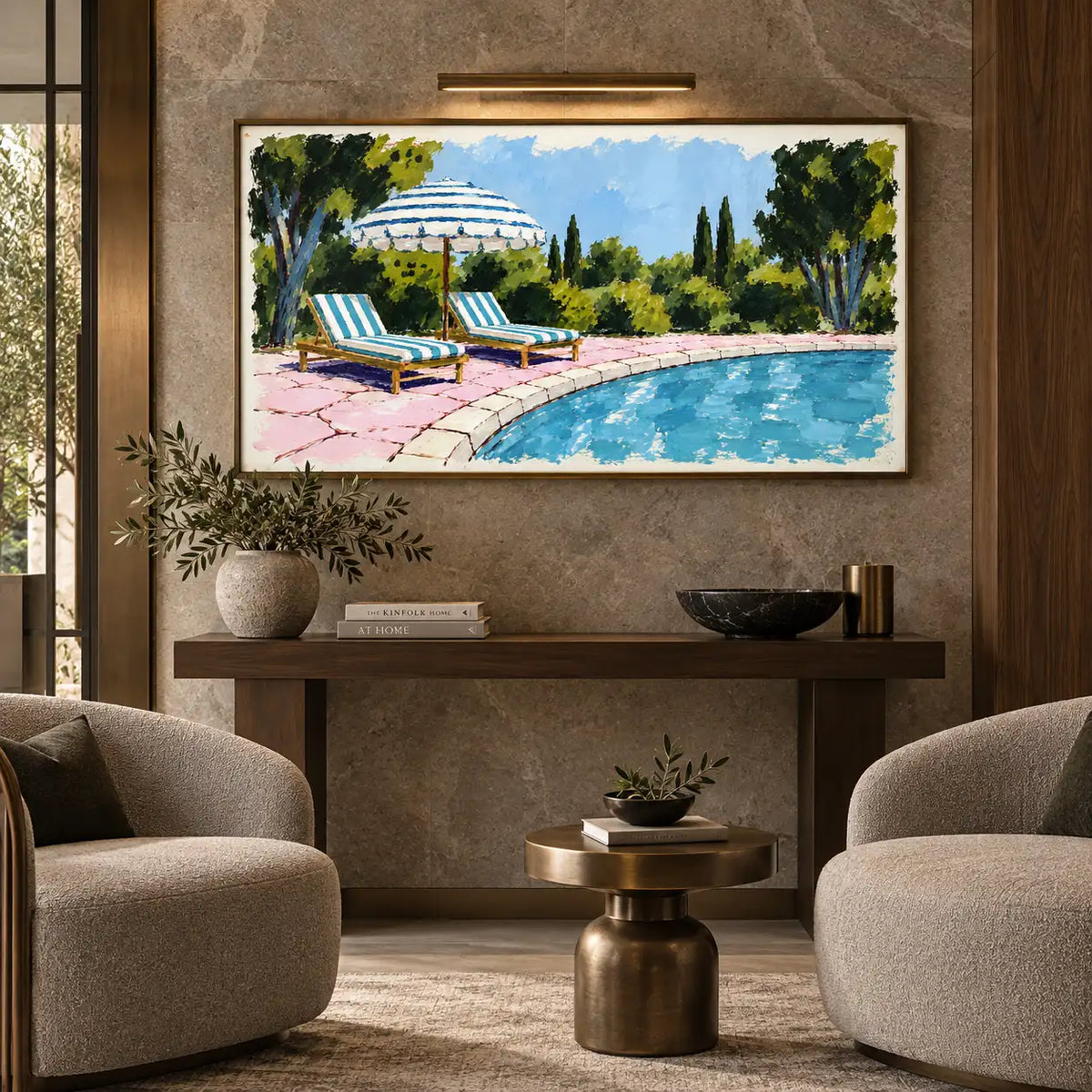 Two Loungers on Rose Stone: above a long console between upholstered chairs and a brass side table