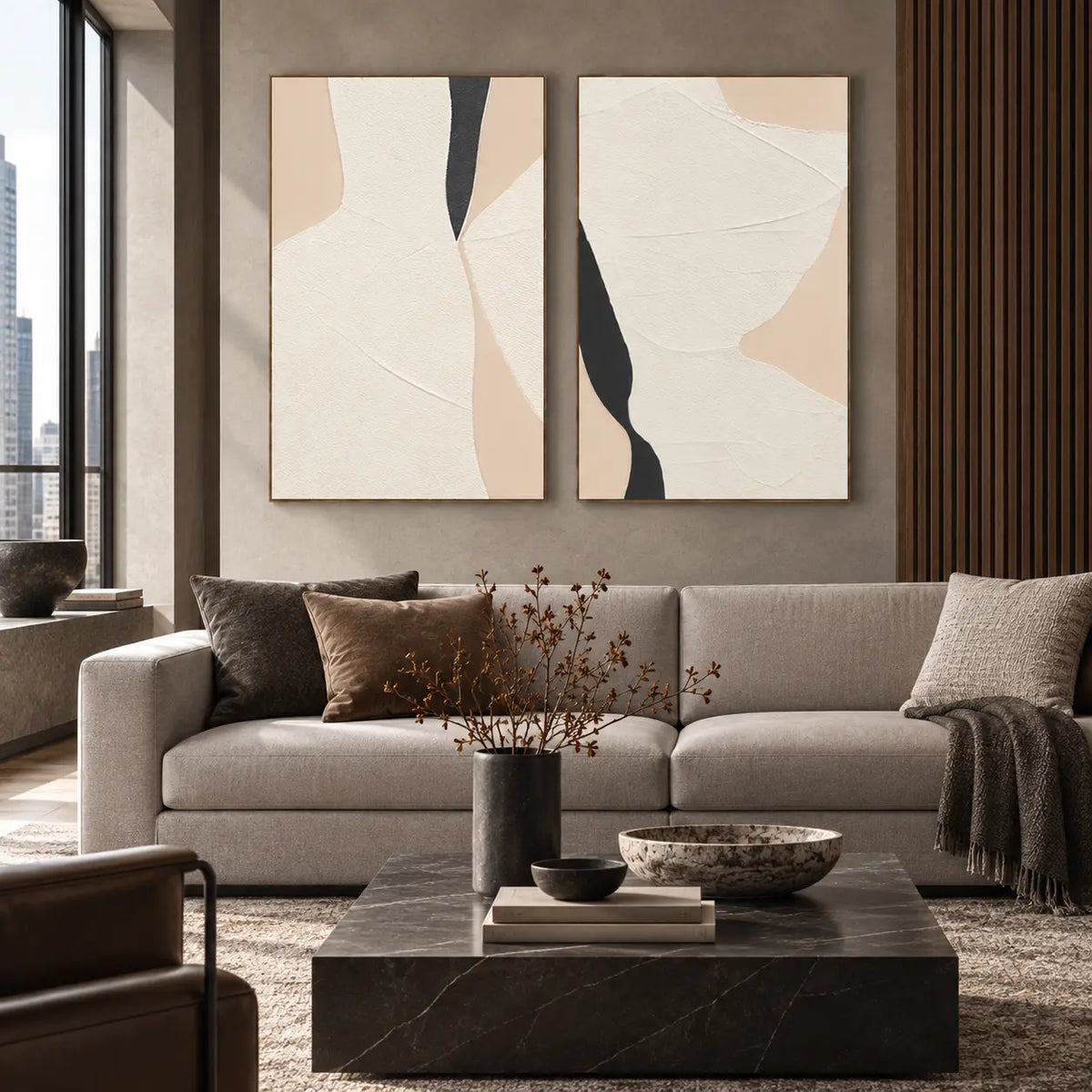 Two Openings in Cream: paired above a gray sofa with a black marble table and slatted wood wall