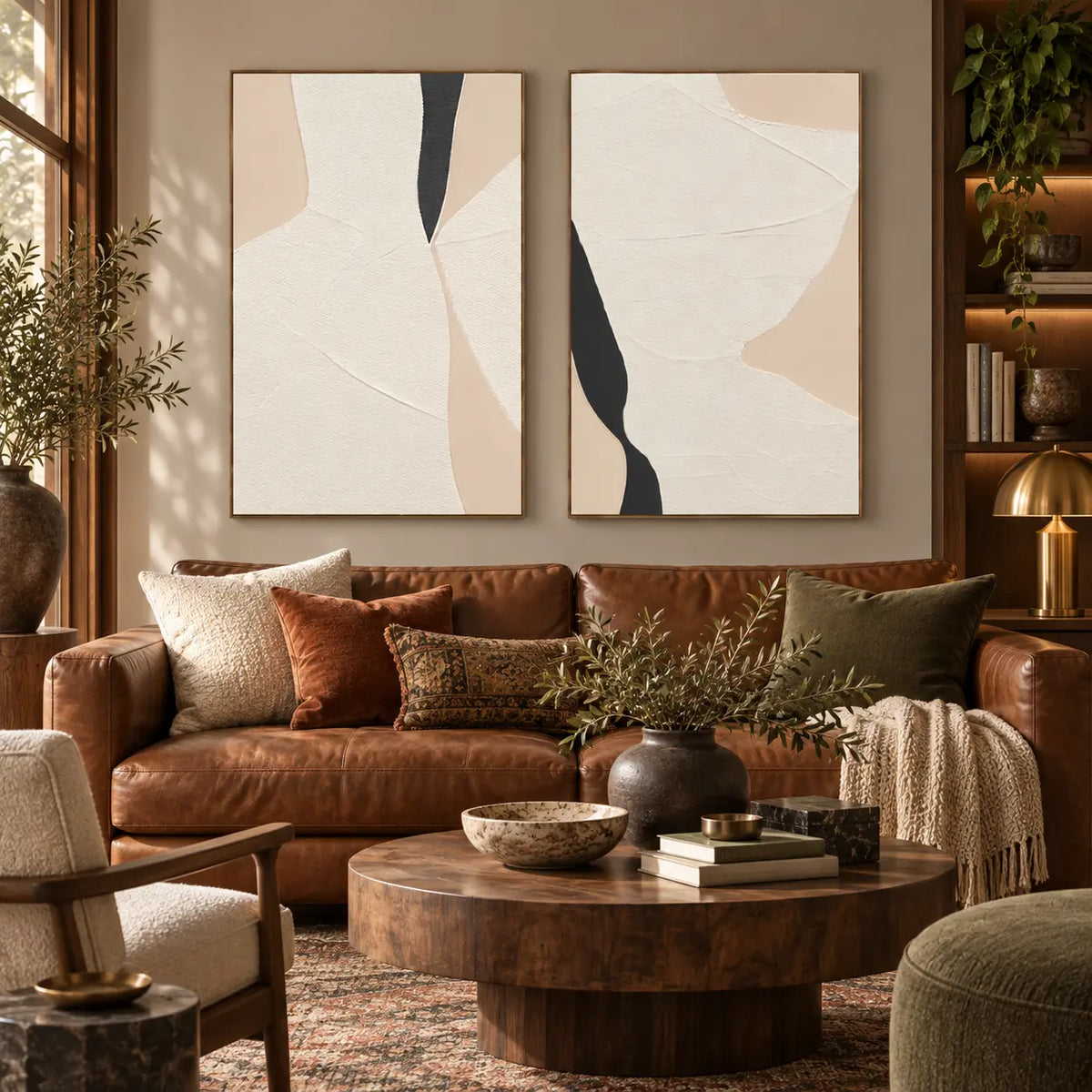 Two Openings in Cream: paired above a cognac leather sofa with patterned cushions and leafy plants