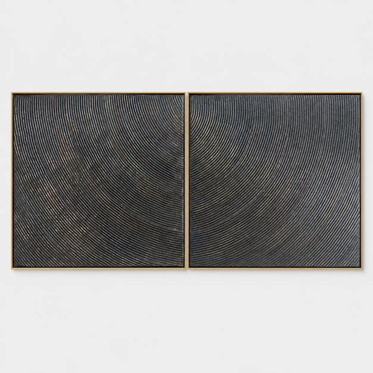 Two Rhythms in Charcoal: Two charcoal square panels carry fine parallel arcs bending in opposing directions