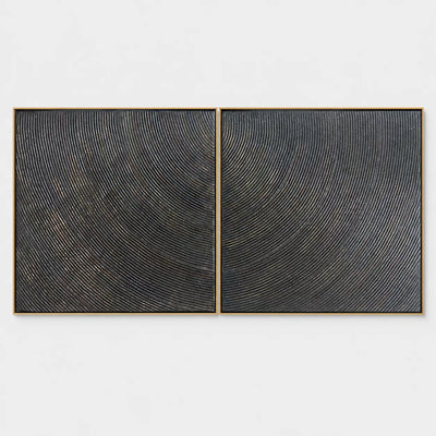 Two Rhythms in Charcoal: Two charcoal square panels carry fine parallel arcs bending in opposing directions