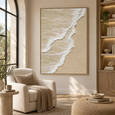 Two Tides on Pale Sand: beside a cream reading chair and woven round ottoman