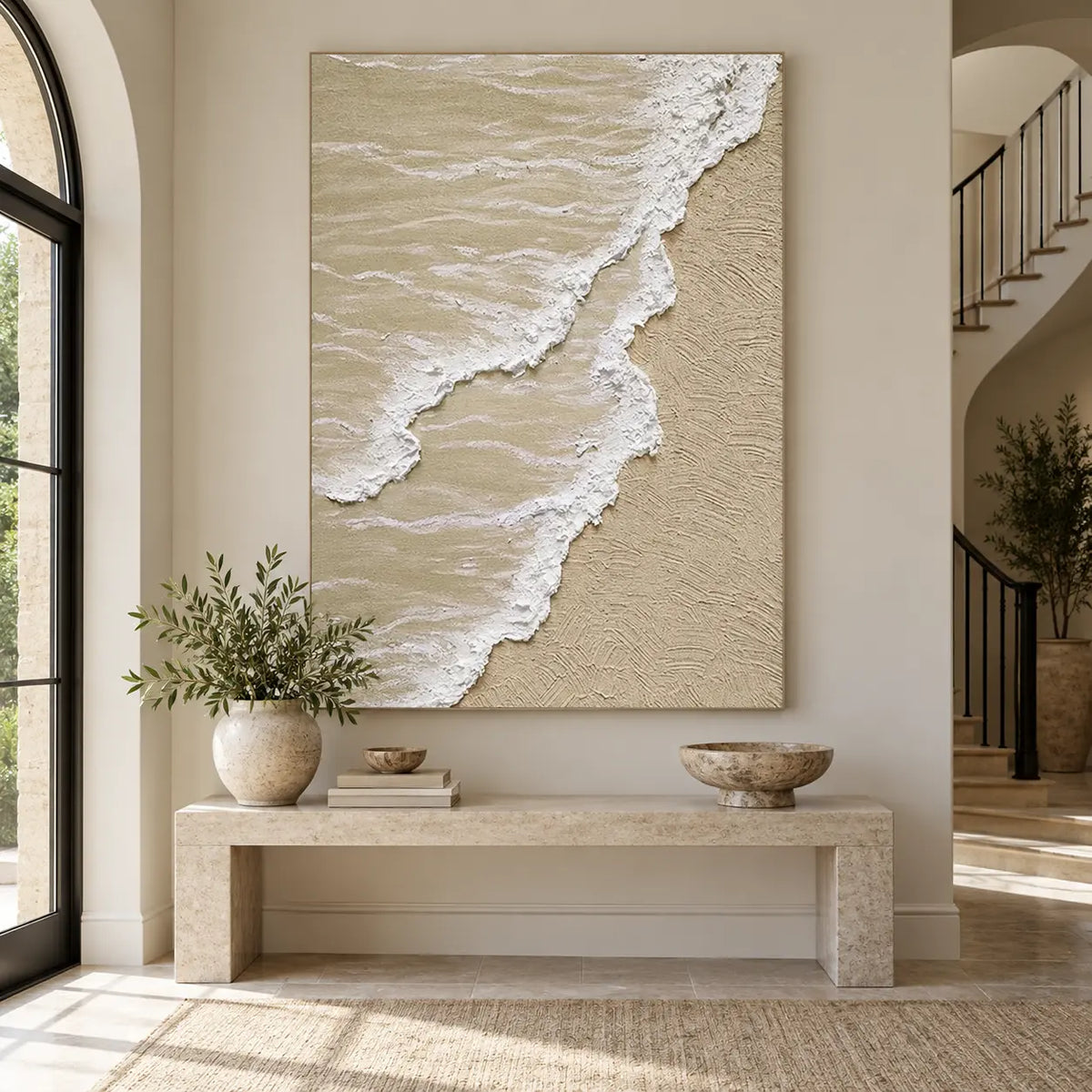 Two Tides on Pale Sand: above a pale stone bench beside an arched window and staircase