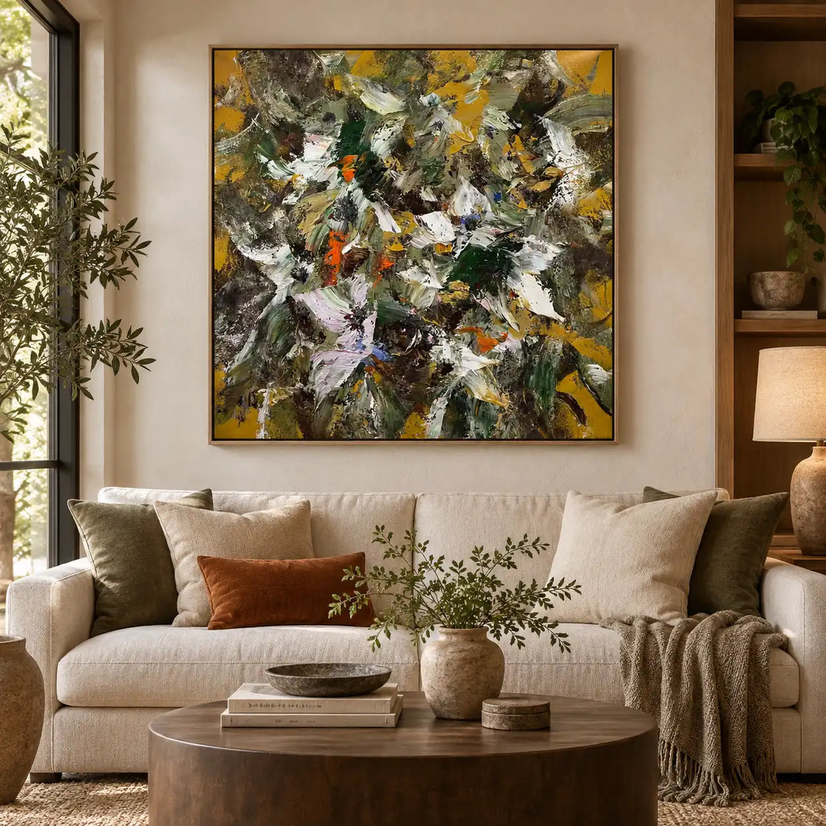 Under an Ochre Canopy: above a cream sofa with olive cushions beside wooden shelves