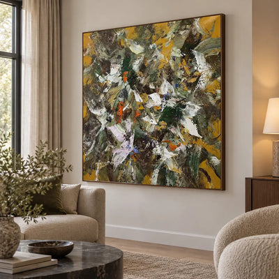 Under an Ochre Canopy: Angled painting view beside a tall curtained window and cream chairs