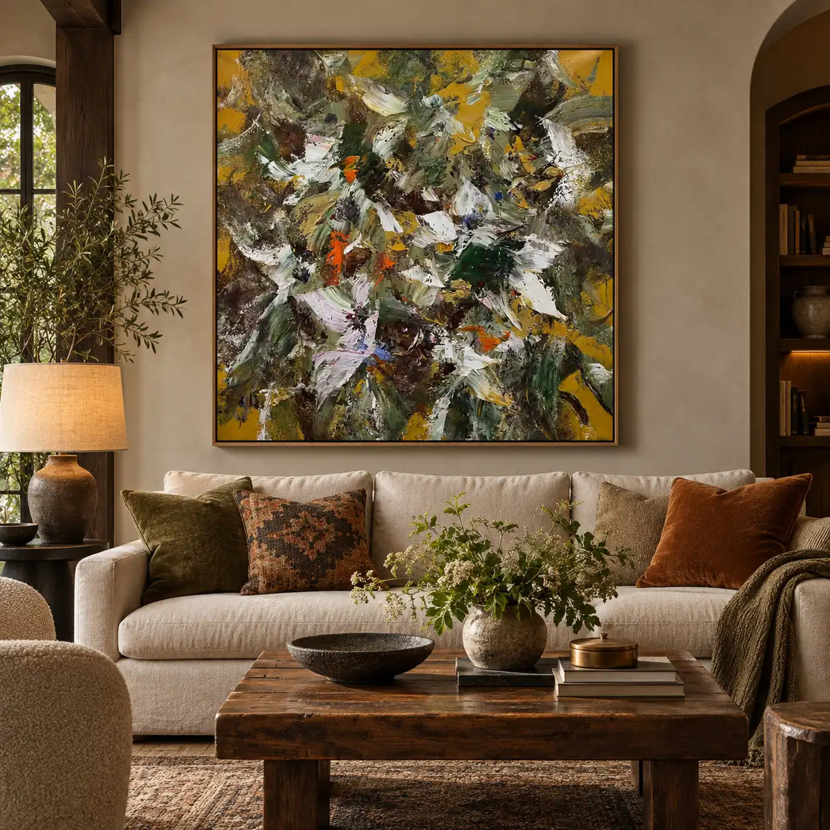 Under an Ochre Canopy: above a pale sofa with a rustic rectangular coffee table