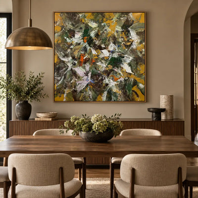 Under an Ochre Canopy: above a wooden dining table beside a brass dome pendant