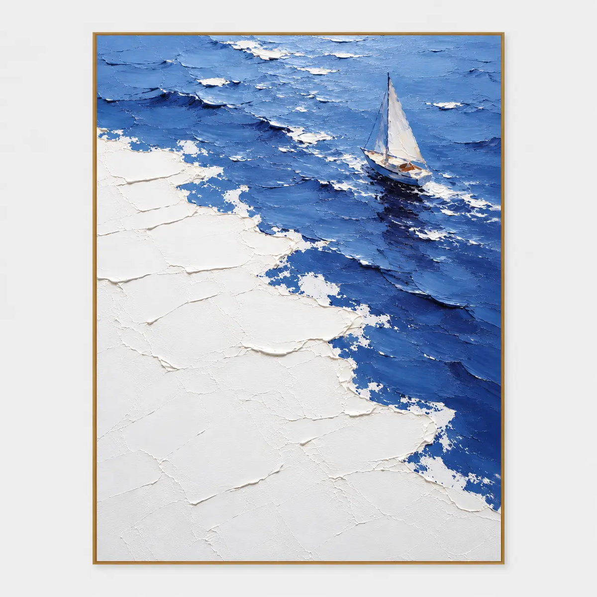 Up the Foaming Diagonal: A white sailboat occupies the upper right of a tall blue field