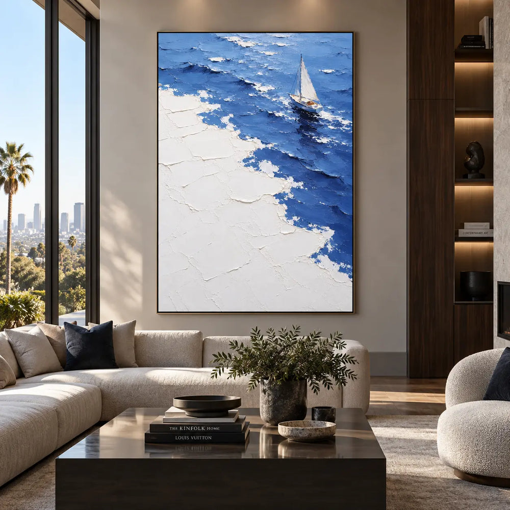 Up the Foaming Diagonal: above a cream sectional beside tall windows and dark shelving