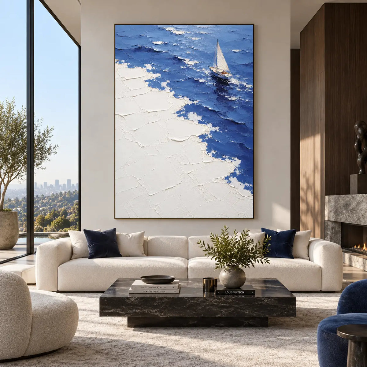 Up the Foaming Diagonal: above a white sectional and black marble table beside a fireplace