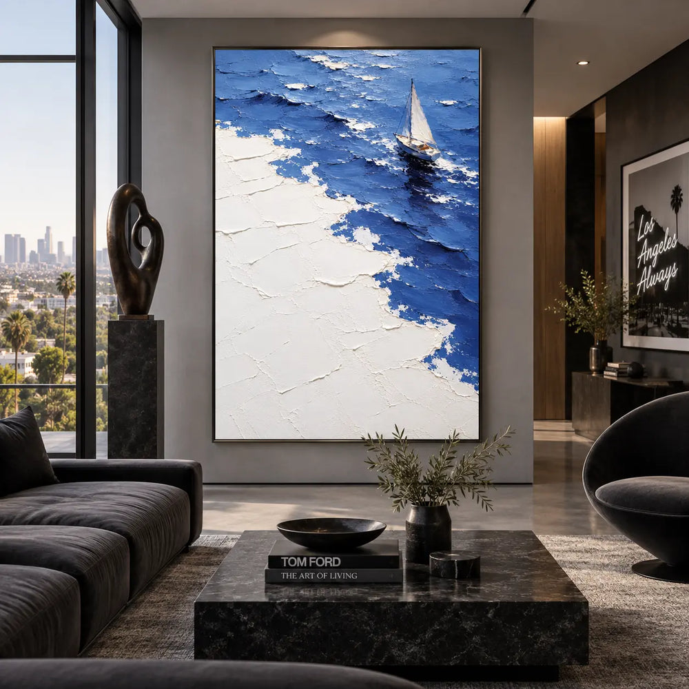 Up the Foaming Diagonal: beside a black sofa and abstract sculpture over a dark stone table