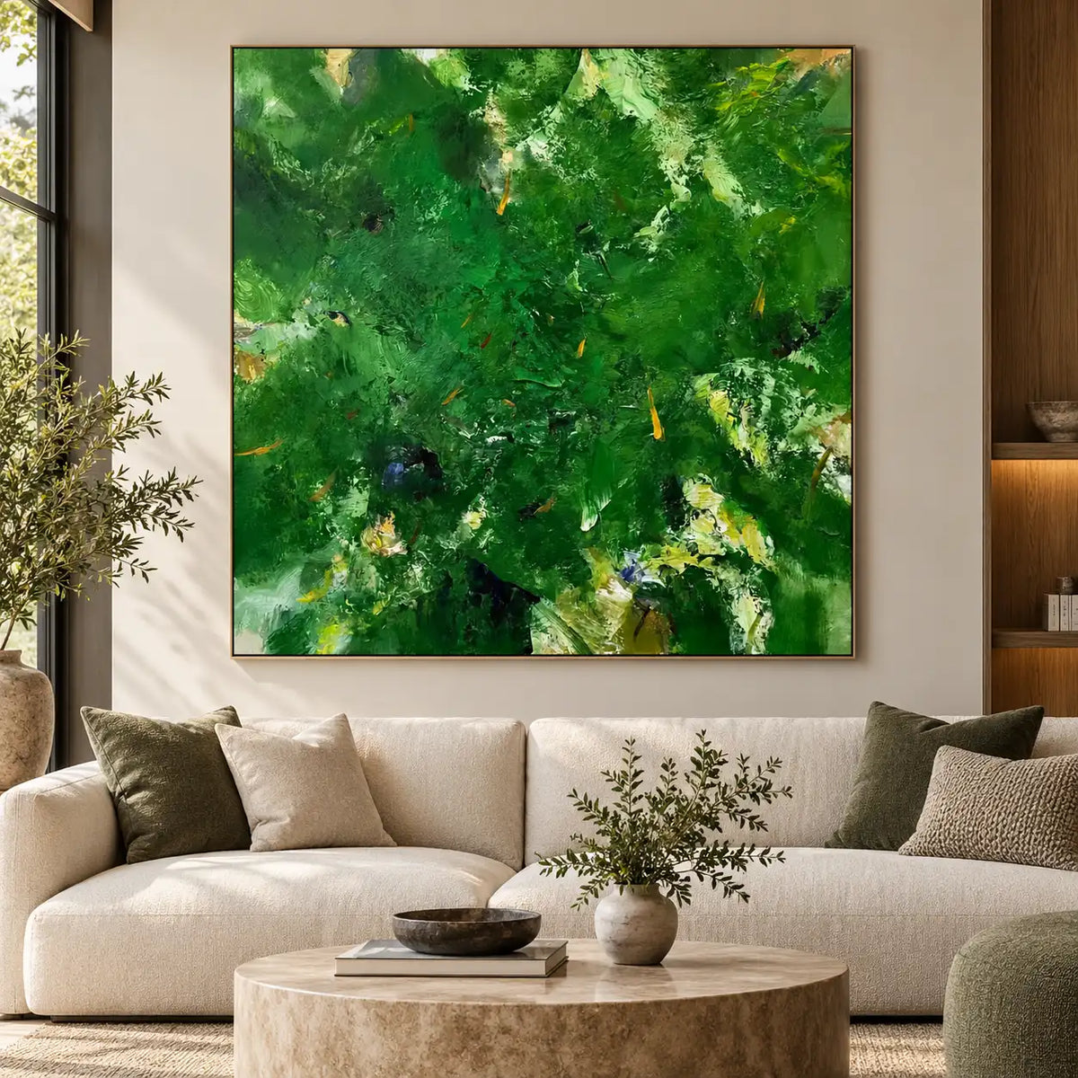 Verdant Immersion: above an ivory sofa with a pale round stone coffee table