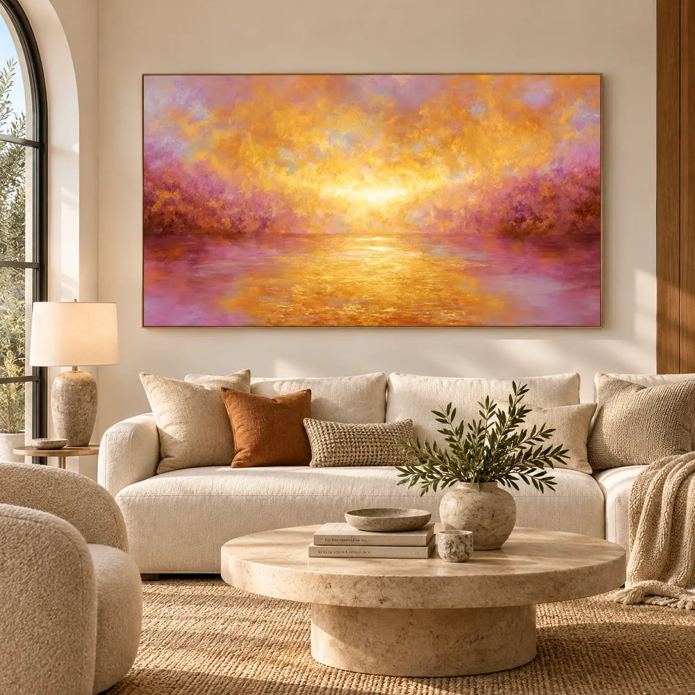 Where Amber Meets Violet: above a cream sofa beside an arched window and round stone table