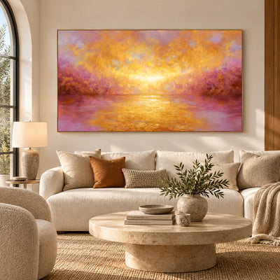 Where Amber Meets Violet: above a cream sofa beside an arched window and round stone table