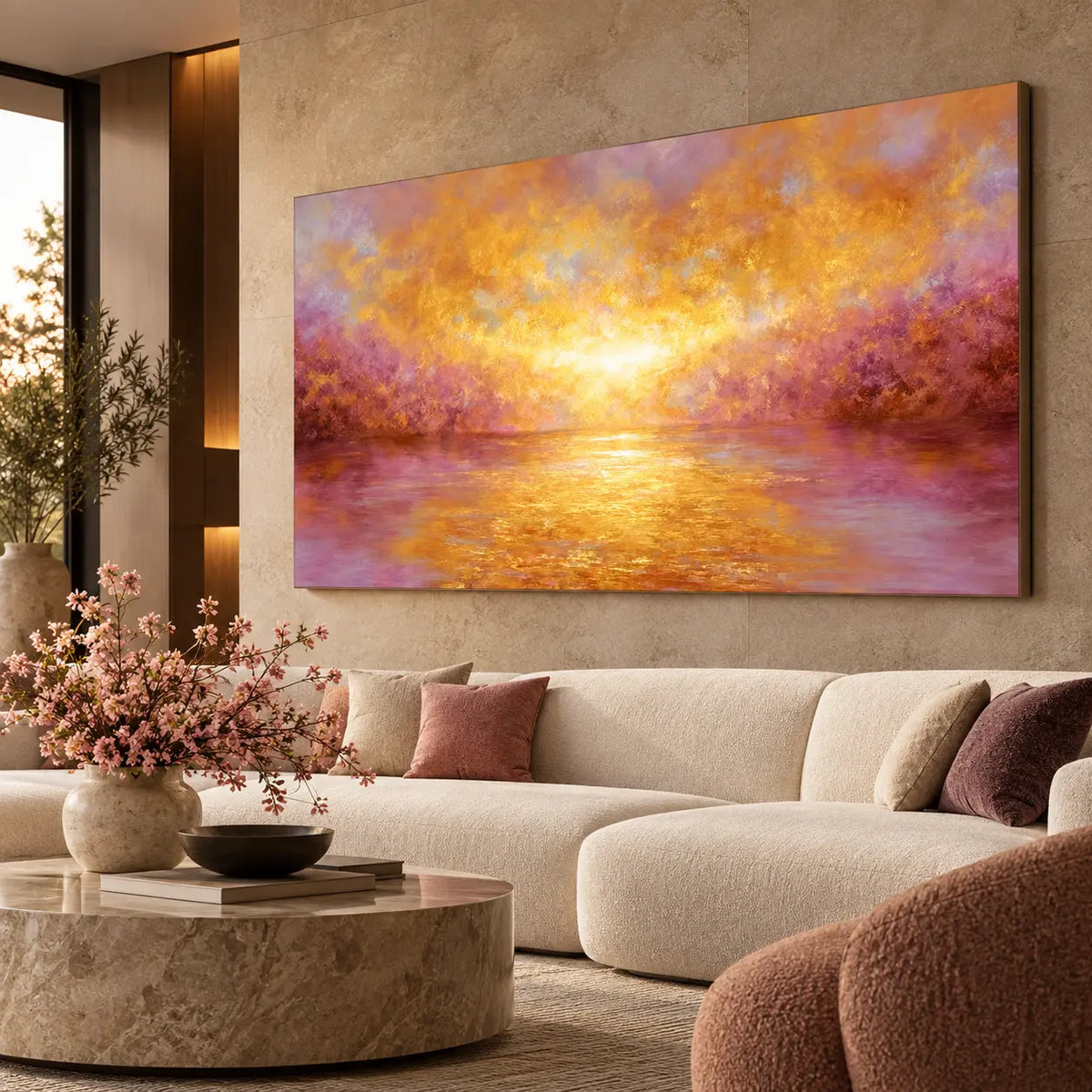 Where Amber Meets Violet: on a stone wall above a curved ivory sofa with mauve cushions