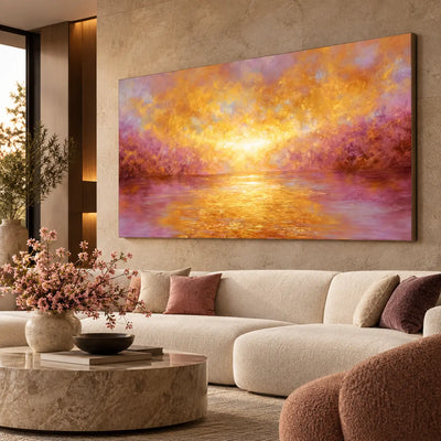 Where Amber Meets Violet: on a stone wall above a curved ivory sofa with mauve cushions