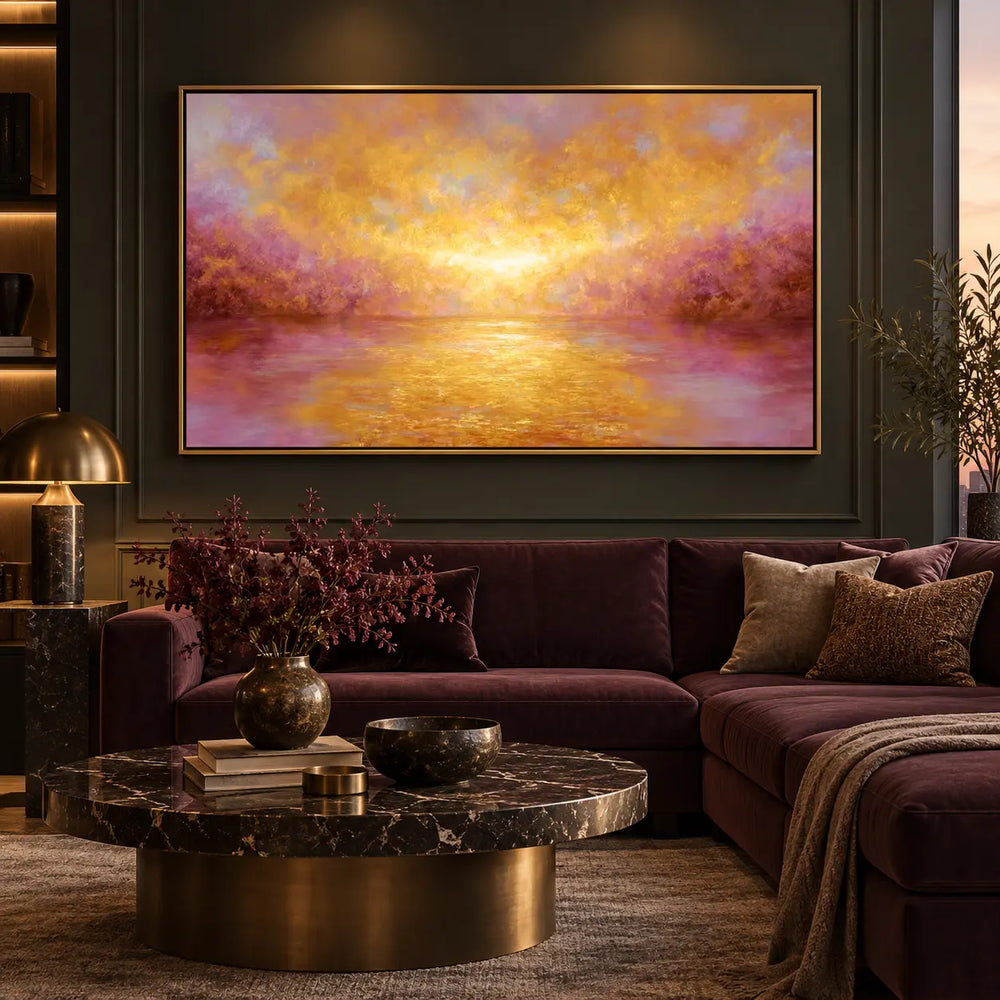 Where Amber Meets Violet: above a plum sofa with a black marble table and brass lamp