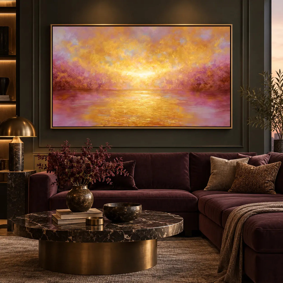 Where Amber Meets Violet: above a plum sofa with a black marble table and brass lamp