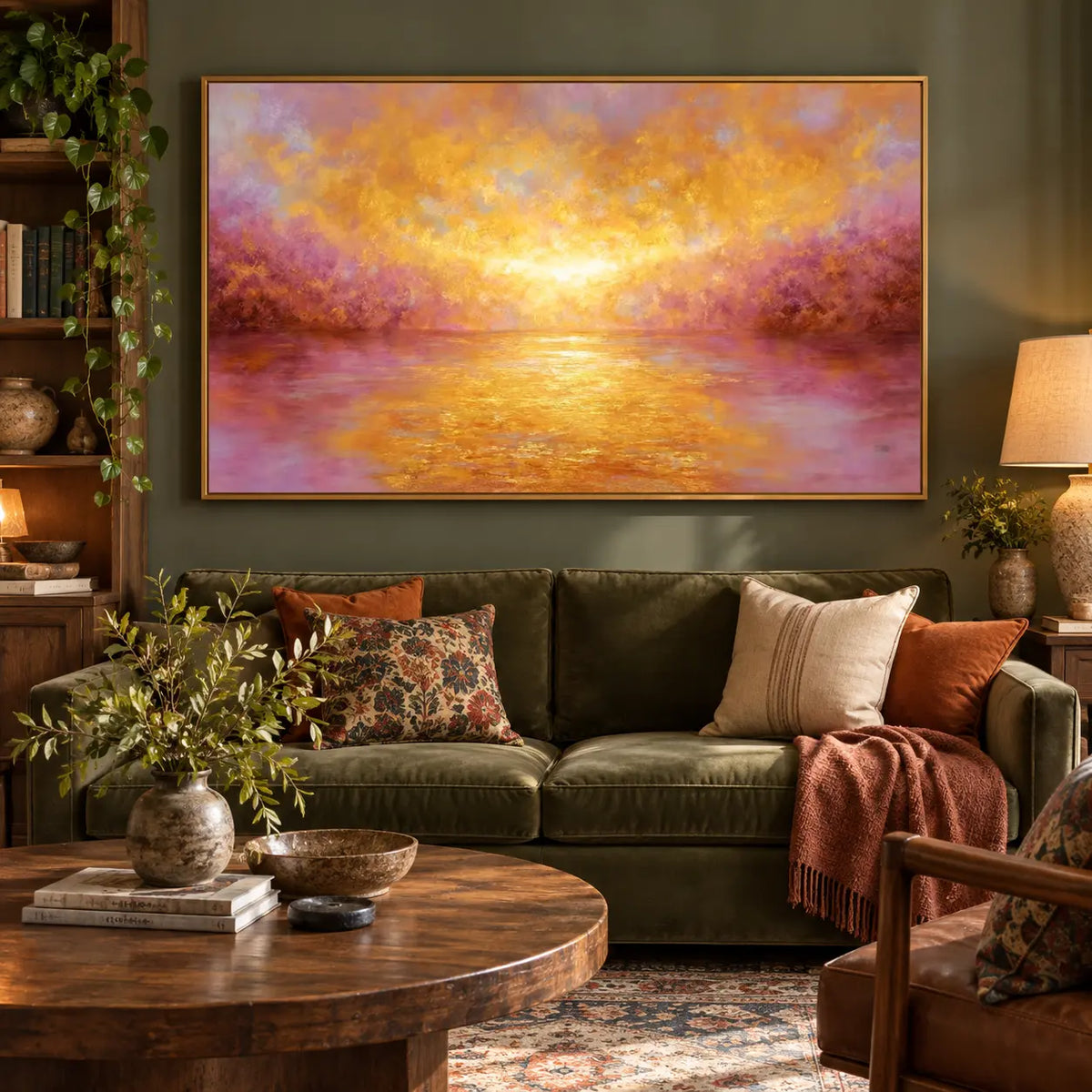 Where Amber Meets Violet: above an olive sofa beside a bookshelf and trailing plant