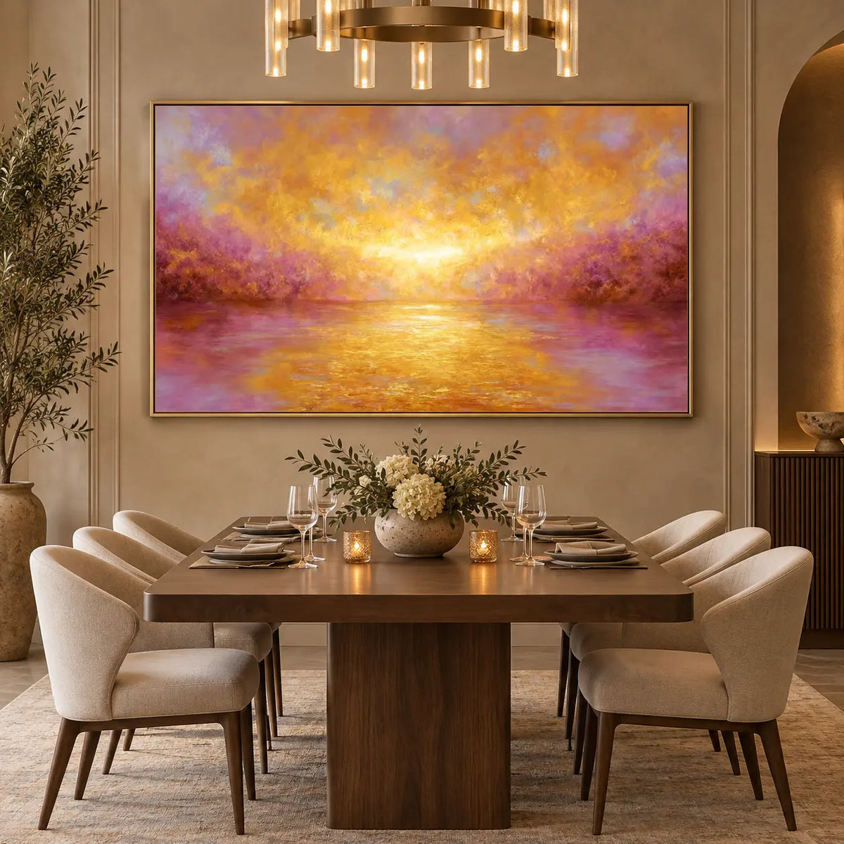 Where Amber Meets Violet: above a wooden dining table beneath a glass cylinder chandelier