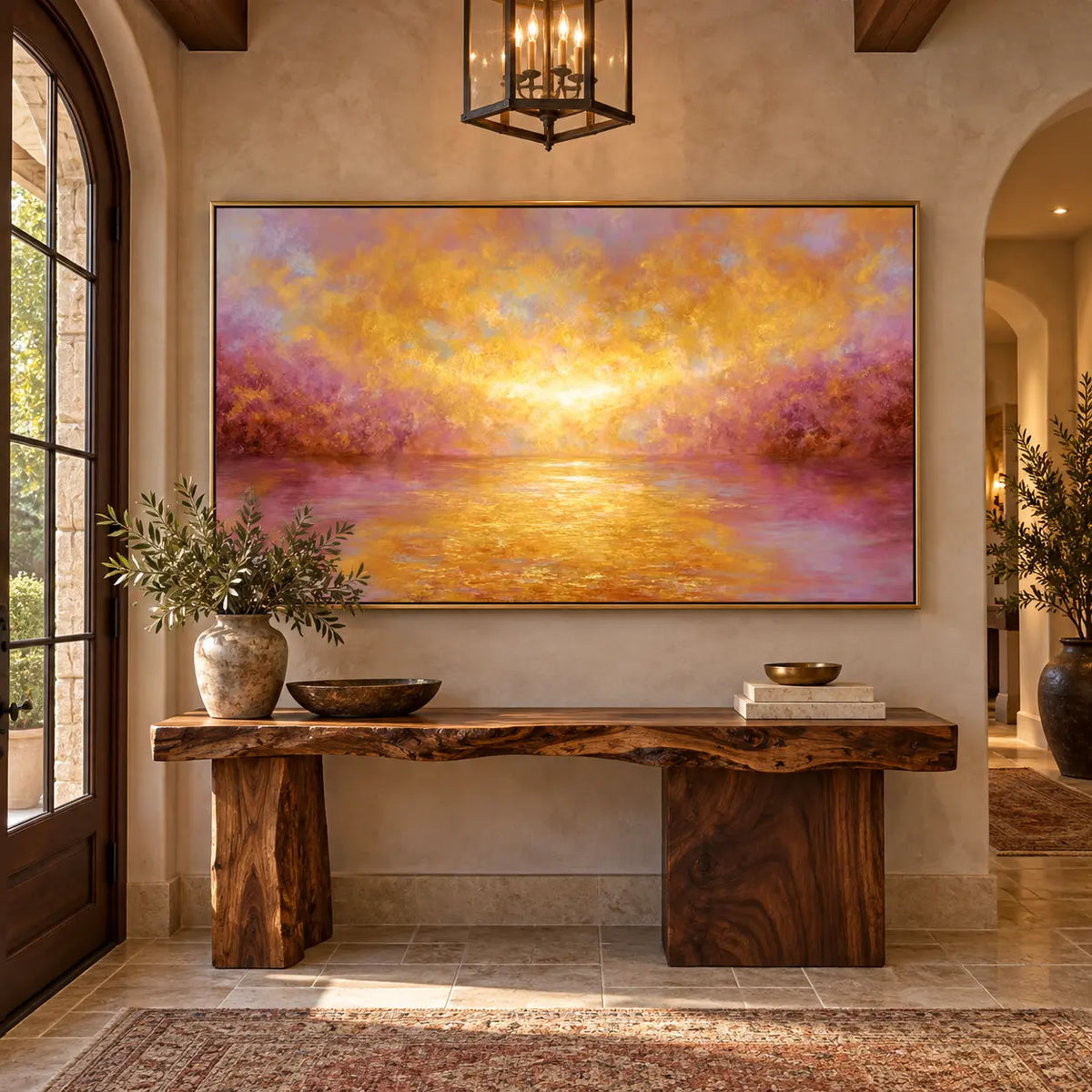 Where Amber Meets Violet: above a live-edge console beside an arched entrance door