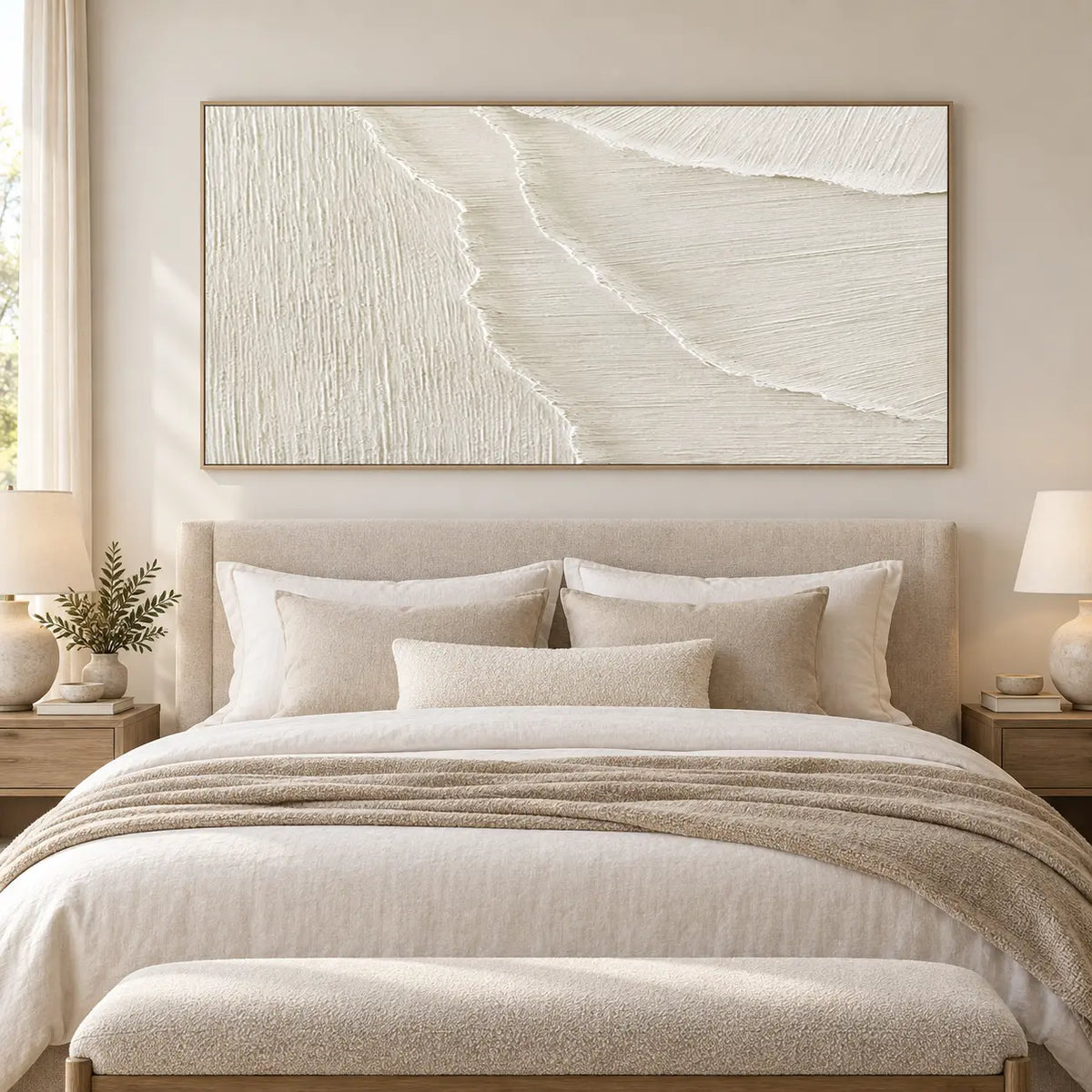 Where the Fine Lines Turn: above a linen bed with rectangular wood bedside tables and a cream bench