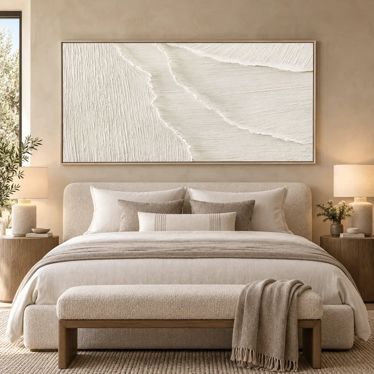 Where the Fine Lines Turn: above a rounded bed with cylindrical wood bedside tables