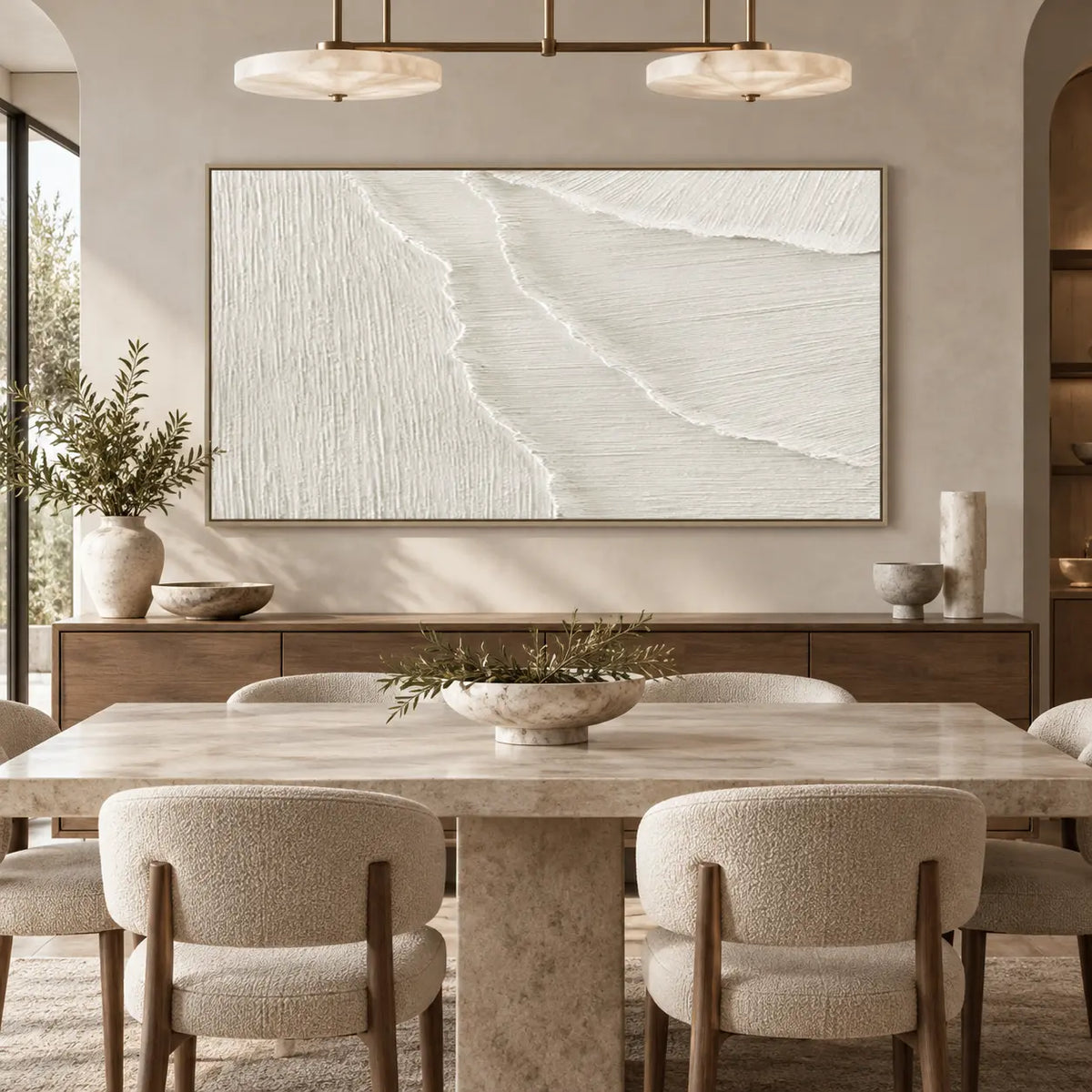 Where the Fine Lines Turn: above a dining sideboard behind a stone table and two disc pendant lights