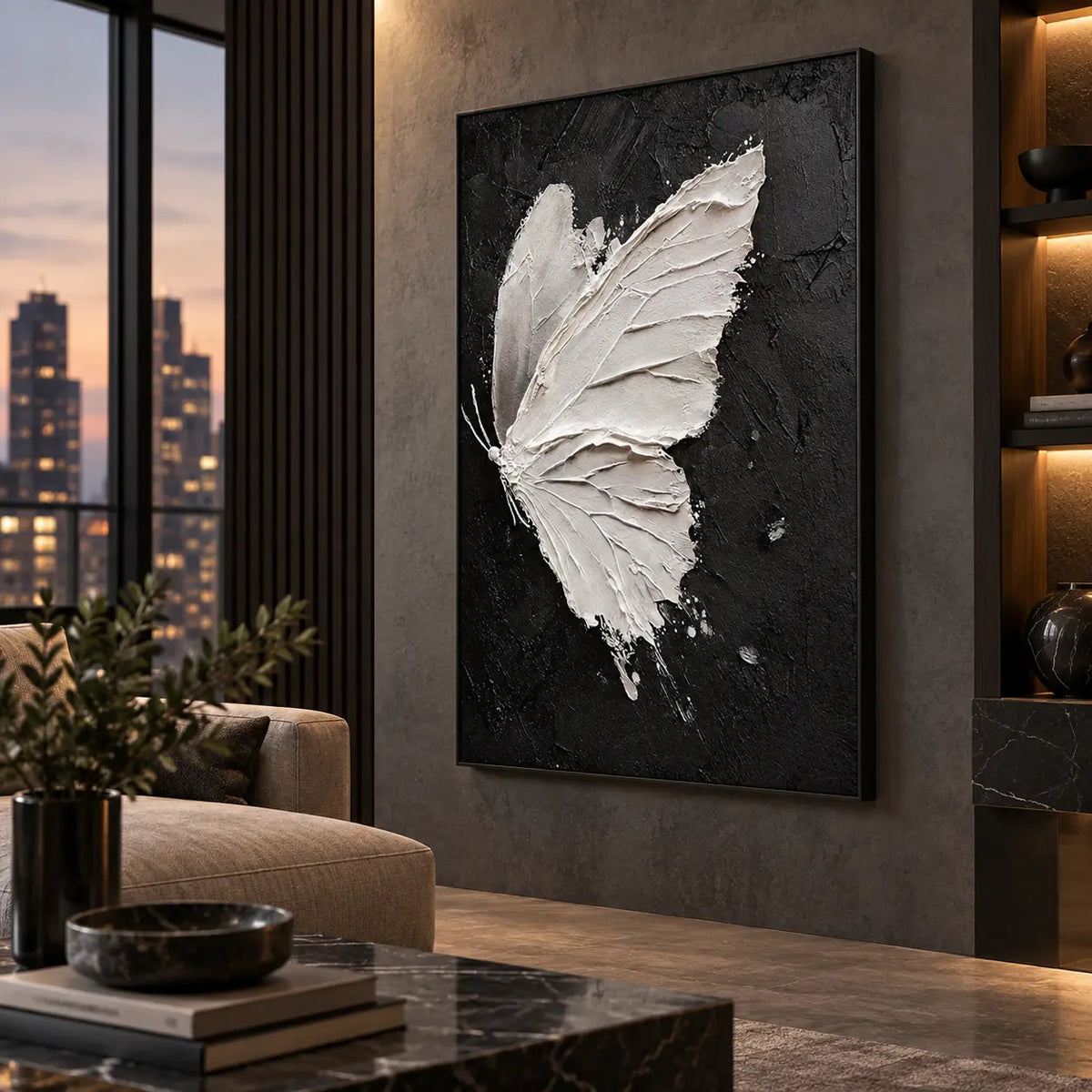 Wings Against Midnight: beside a tall city-view window and illuminated shelves