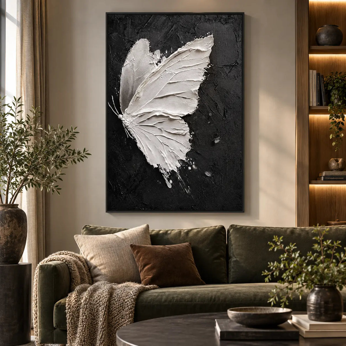 Wings Against Midnight: above an olive sofa beside a lit wooden bookcase