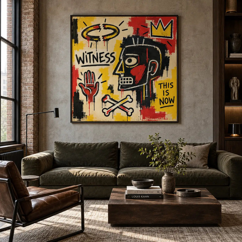 Witness Beneath a Broken Halo: artwork above a green sofa near a brick window and brown leather chair
